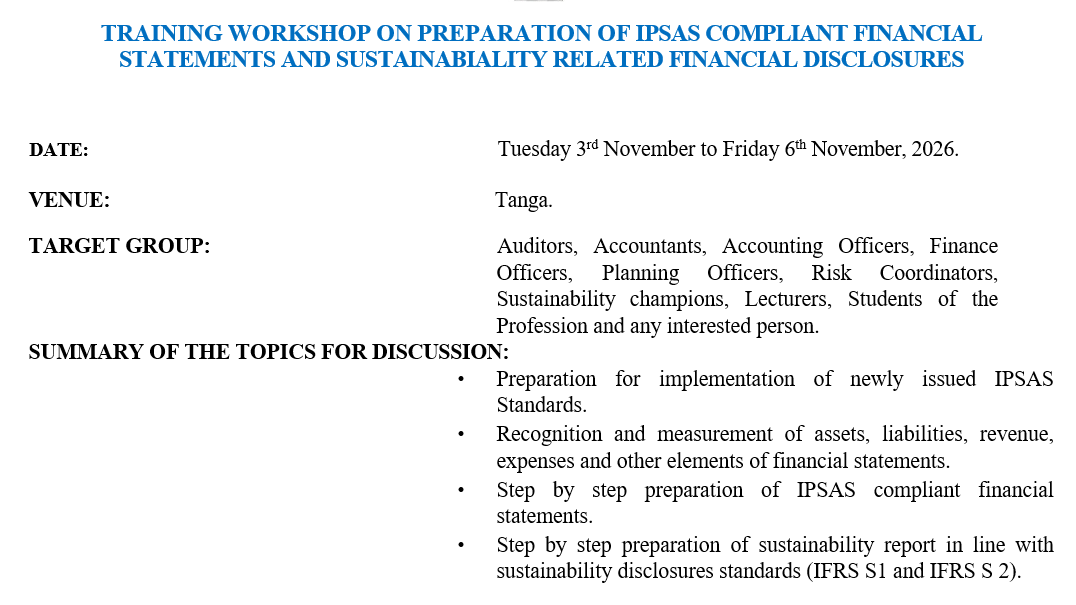 Training workshop on preparation of IPSAS compliant financial statements and sustainability related disclosures, Tanga