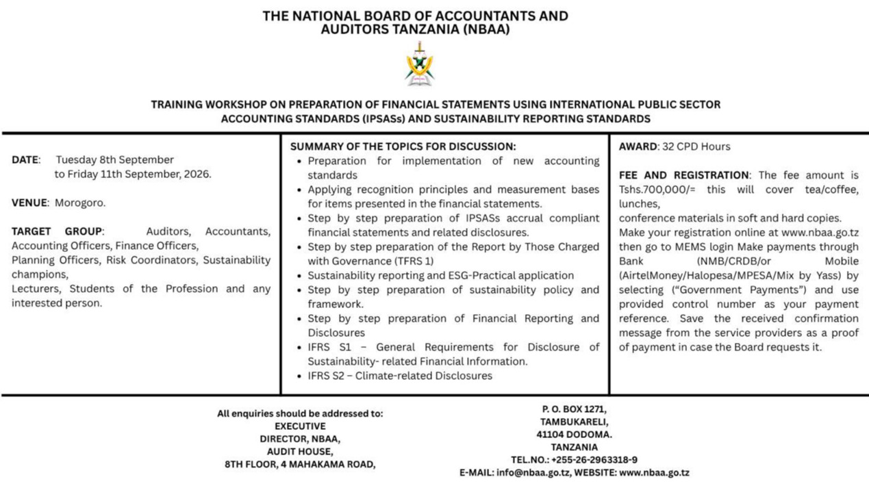 Training Workshop on preparation of financial statements using International Public Sector Accounting Standards (IPSASs) and Sustainability Reporting Standards